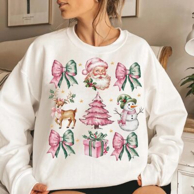 Coquette Pink Santa Claus Sweatshirt Pink Bow Christmas Tee Shirt Pink Christmas Sweater Holiday Santa Claus T-Shirt Holiday Gift